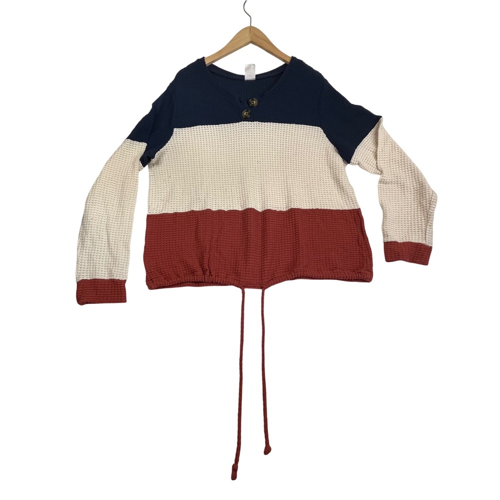 No Boundaries Womens 3XL Colorblock Waffle Knit Henley Top Navy Cream Rust